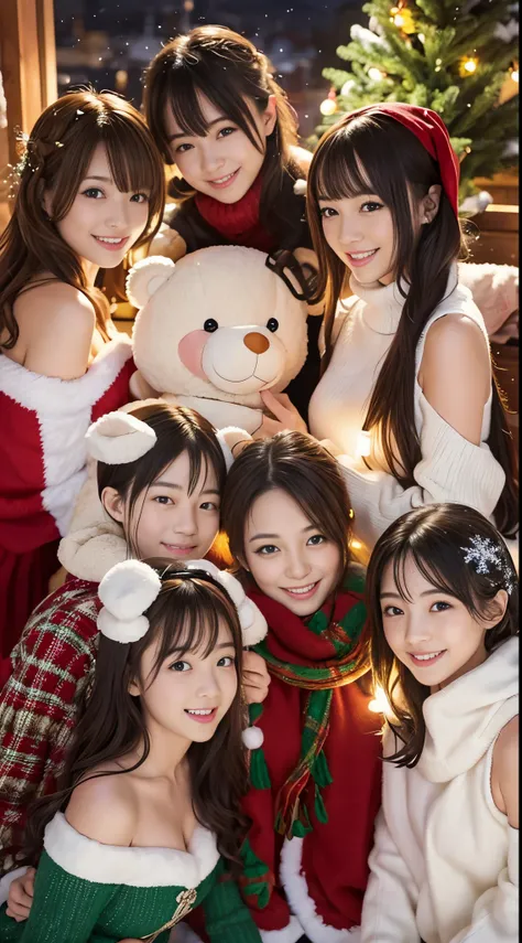 (Best Quality,4K,hight resolution,masutepiece:1.2),Realistic,Christmas,girl (28 year old),Hugging a big teddy bear,stuffed animal,Wear warm clothes,Snow falling in the background,Winter wonderland,Joyful expression,Magical atmosphere,Soft lighting,Vivid co...