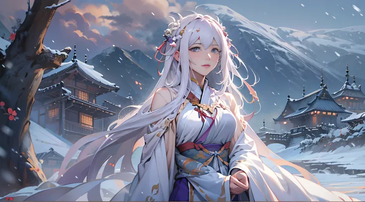 one of them  wearing purple clothes，long, flowing white hair、alpha image of a woman with beautiful hairstyle，palaces，a girl in h...