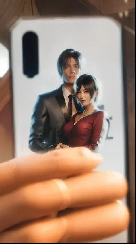 Picture Man and woman, ada wong and Leon Scott kennedy, wearing blue tuxedo and red off shoulder dress, smile, perfect face, hugging,