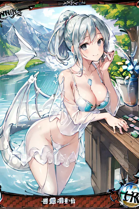 (Trading Card Game Frames:1.7),(Lake in the mountains:1.3),(Sheer and revealing white fluffy outfit:1.3, ),(Angel with glass wings floating on lake:1.3), (Glass Dragon Behind:1.3),Shiny Silver Shorthair,disheveled ponytail,Cute smile,Perfect round face,Bla...