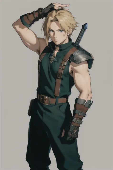 wide full-length shot, action pose, Cole has dirty blonde hair styled with some spikes neat but defiant, His eyes glow blue-green, one eye brighter than the other to show some ancient magic within, He wears a dark green tunic lined with silver plates like ...