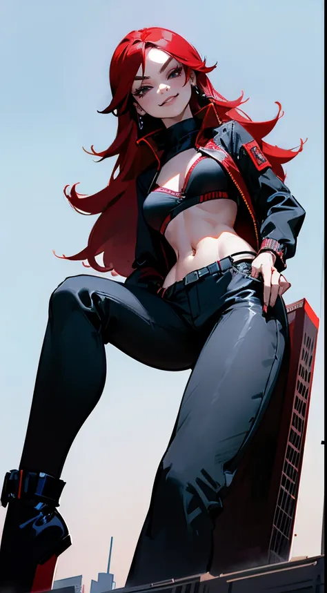 Woman with red hair, black jacket, bra, navel, bright red hair, black eyes, black pants, full body, nose ring, smirking, towering over city, giantess, ((from below)), realistic face