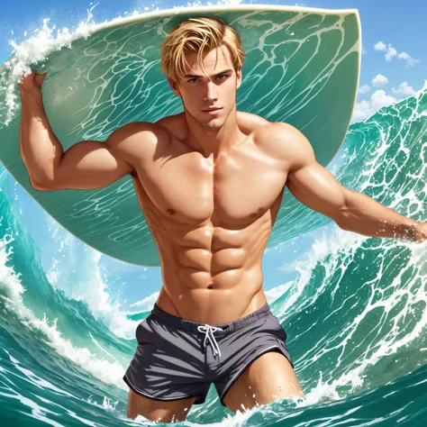 and a handsome, shirtless blonde, blue-eyed teenager with shorts on running with a surfboard. Tall waves in the back. Sunshine. cartoon-style --auto --s2