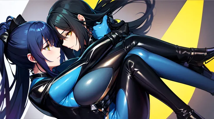 Beautiful women in long blue and black leather suits with yellow eyes hug each other