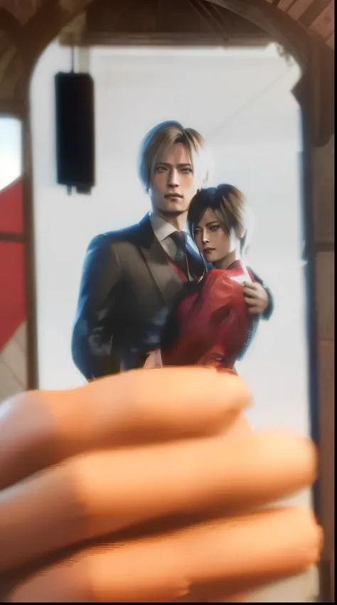 Picture Man and woman, ada wong and Leon Scott kennedy, wearing blue tuxedo and red off shoulder dress, smile, perfect face, hugging, open chests