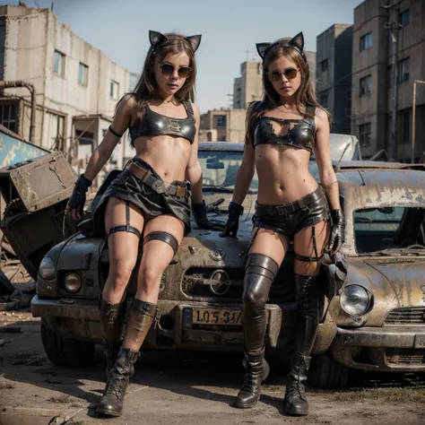 ((slim, petite small girls)), 12 year old vault girls with and heavy weapons , siting on car on the road in an apocalyptic scene...