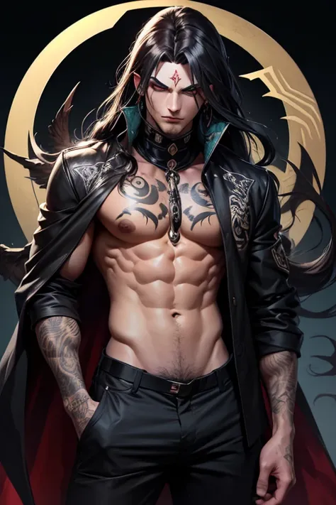 madara,jaqueta aberta preta ,black pant, tatuagem no peito ,neck tattoo,olhos demoniacos,asas de anjo caido de cor negras