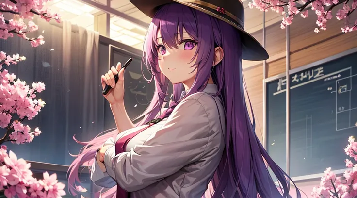 A female teacher with purple long hair and pink eyes wearing beige clothes.