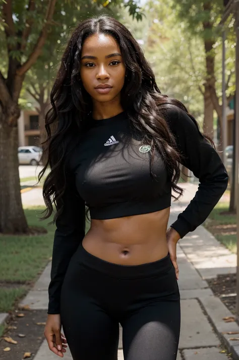 a african american model, long black curly hairs, wearing active outfit, realistic photography, living in colarado