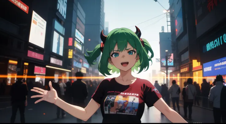 uma mulher com olhos verdes e blusa preta em frente a um sinal verde noturno, Garota de Anime Cyberpunk com fone de ouvido gamer, Anime girl dancing excitedly, arte cyberpunk anime, arte digital do Anime 2D Cyberpunk, Aura verde, cyberpunk digital - arte d...