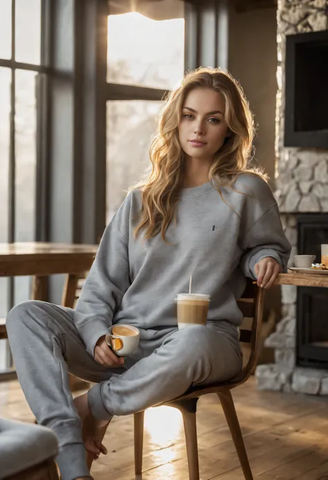 full body photo of a 25 y.o american woman, beautiful girl with long thick wavy blond hair, shiny skin free of imperfections, (in gray sweatshirt-like pajamas, sitting on a beautiful wooden chair,  breakfast, without make up, very natural, photo of cozy mo...