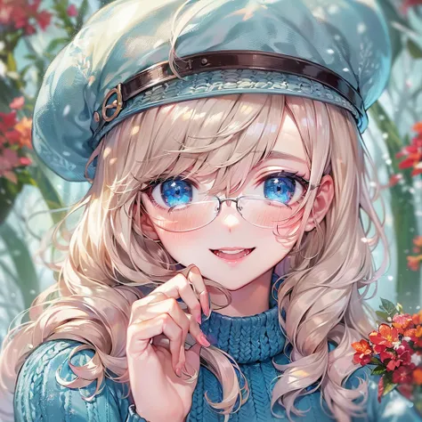 masterpiece, beautiful detailed grow, season winter, join hand, soro blonde bob woman, blue eyes:1.4, glossy mouth, glasses, sexsy smile, head is blue beret, tops is blue knit sweater, bottoms is blue skirt, background Enchanted garden.