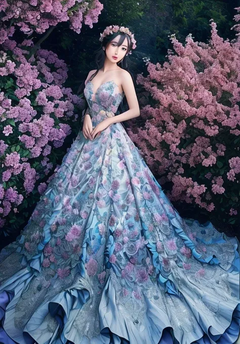 Arafida magazine cover features a woman in a floral dress, floral art new dress, Dreamy intricate long gown, Flower dreams, Kentaro Miura, Inspired by Aguri Uchida, advertisement picture, Inspired by Takanobu Fujiwara, full coverage dress, Inspired by Yuki...