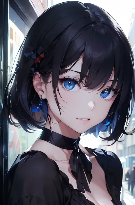 (masterpiece), best quality, perfect face, looking at viewer, (black hair, side bangs), expressive pale blue eyes:0.7, (depth perception:0.7), ((torso)), ((centered)), glowing eyes, ((seductive eyes)), feminine, smile, close-up, neck choker