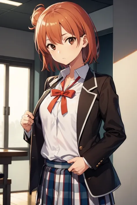 Yuiigahama, Yuigahama Yui, Short hair, (Brown eyes:1.5), Orange hair, Hair bun, Single hair bun, BREAK skirt, Shirt, bow ribbon, School uniform, Jacket, White shirt, Black jacket, Blazer, sobu highschool uniform, Break indoors, BREAK looking at viewer, BRE...