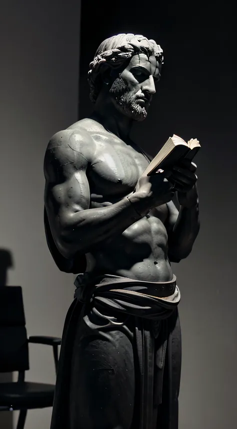 Classic Greek philosopher statue, male, wearing toga, standing, holding a book in one hand, reading book, photo from a side, full-length photo, hyper realistic, black and white, dark screen background