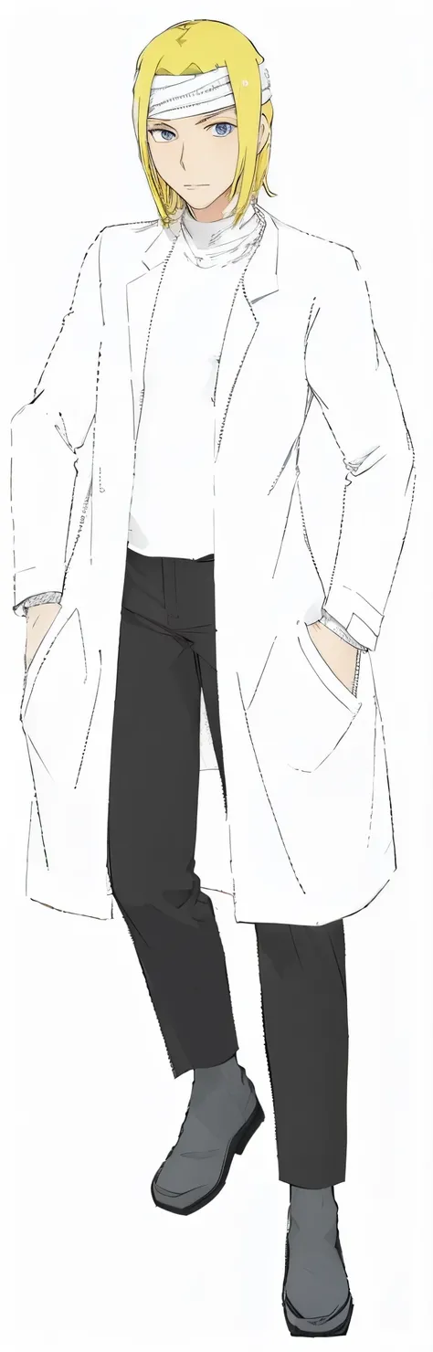 Anime man in a white coat and black pants, black shoes