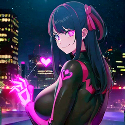 Night city、Jumping、Vibrant poses、Colossal tits、Big round、wide boobs、gargantuan butt、Big round buttocks、Upturned buttocks、spark of light、evil smile、Provocative facial expressions、、rubbersuit、The upper body is exposed、lower body exposure、Multiple people、a bl...