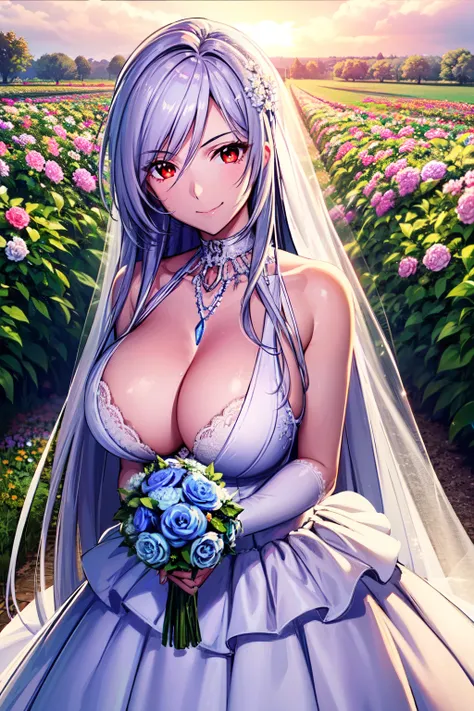 1 girl, Long silver hair, red eyes with slit pupils, large full breasts, master-piece, best quality,  proportional body, proportional, Wedding Dresses, White Wedding Dress, Long skirt, wedding, Standing in the flower garden, outdoor, wedding, Upper body, T...