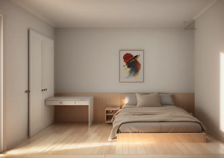 there  a bed in a room with a painting on the wall, 3d rendering, 3 d rendering, rendered in enscape, photographic render, 3 d renders, enscape render, in style of 3d render, bed room, stuning 3 d render, 2 d render, detailed 3d render, detailed 3 d render...