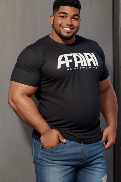 handsome and beautiful chubby black man smirking with natural twist hair half body shot wearing a black t-shirt and jeans