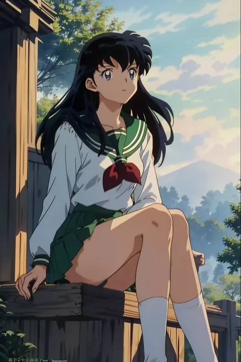 (masterpiece: 1.6, best quality), (fine beautiful eyes: 1.2), kagome higurashi, 1girl, solo, green school uniform, soft thighs ,...