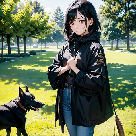 minimalism、Beautiful lively black-haired girl wearing jeans on the lawn, windproof cloak, hunting dog, and survival tools.、masutepiece、best composition、ultra-definition