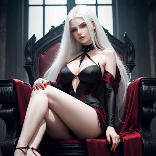 (master piece), (best quality), a vampire, vampire woman, with platinum hair, long hair, heavy and platinum hair, very white skin, skin as white as snow, red eyes, ruby ​​eyes.  [(pose: sitting on a throne, legs crossed, hands crossed on the knees,.(sittin...