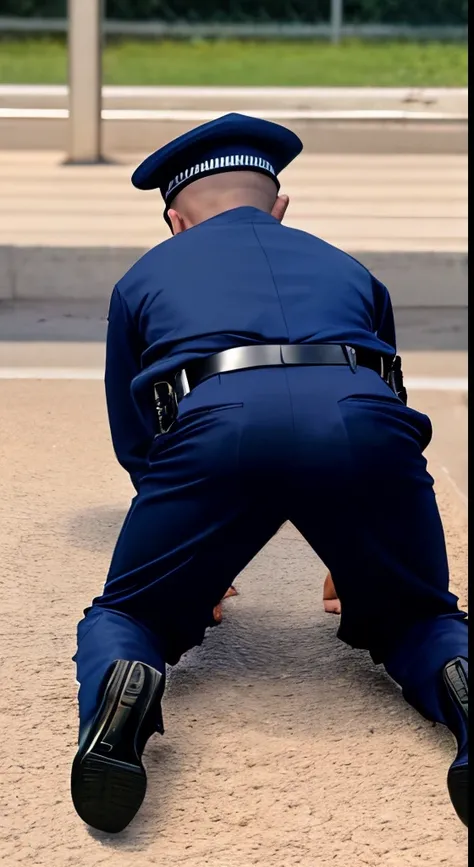 kid boy, 14 years old, wear police uniform, shave head, wear cap, back view, look from below, no naked, wear uniform trousers belt gear gun boot, thigh, butt, open wide leg, back view, look from back below, pee pose, 2 knee on ground，lying on all fours