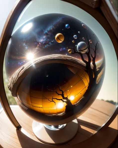 mini(ttp), (8k, RAW photo, best quality, masterpiece:1.2), ((miniature solar system in a glass door leaning on an old tree)), out of focus lab equipment,