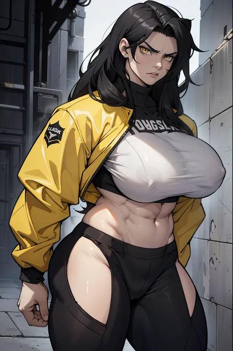 (bodybuilder) pale skin yellow eyes black hair very long hair 1girl huge breasts dark atmosphere thick thighs grey background tight clothes angry solo solo