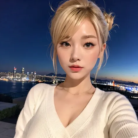 1730717681　where you are alone、erotick、good blonde hairstyle、Beautiful skin、Colossal tits、With the night view in the background、In winter, wear white knitwear that emphasizes your chest.、Embarrassed look