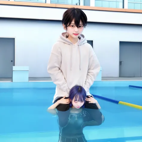 shoulder ride, struggling, , blushing, crying, angry, japanese , black hair, pool, drowning