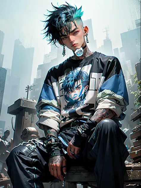 Kpop young age boy with fade cut dark blue hair with with (frosted white tips top hair), cute face, irresistible, sit pose, poser, serious face, full half body show, tattoos, wears cool black mixed blue ang green open jacket with long big sized shirt, long...