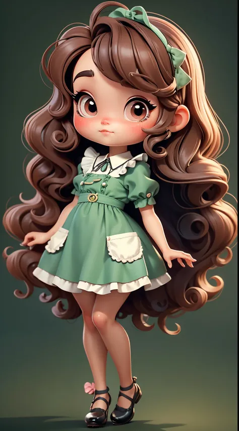 Create a series of chibi style dolls with a cute vintage chic theme, each with lots of detail and in an 8K resolution. All dolls should follow the same solid background pattern and be complete in the image, mostrando o (corpo inteiro, incluindo as pernas: ...