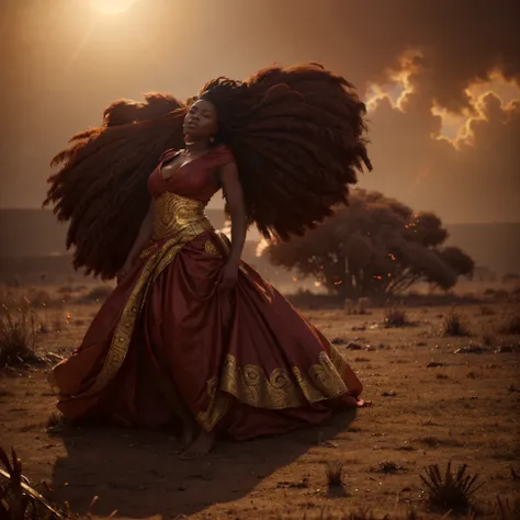 Wide angle shot of a beautiful african woman dressed in a red and gold African designed dress, with red smoke on the ground blowing with the wind, red sun in the background providing a moody atmospheric cinematic lighting, hyper-realistic image, 32k, ultra...