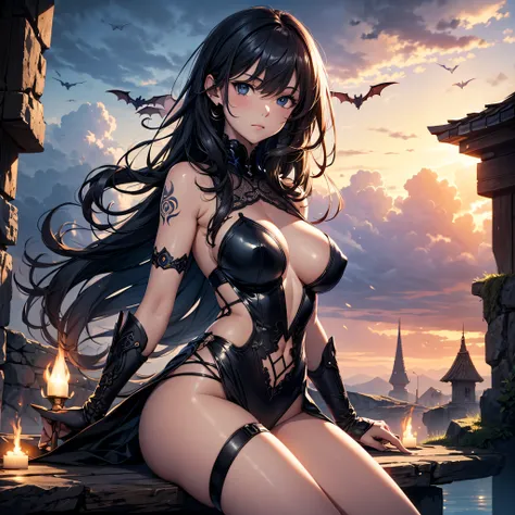 ((best quality)), ((masterpiece)), (detailed), realistic eyes, black hair, black leather outfit, armor, evil landscape, alluring female witch, BREAK ethereal beauty, sitting on a dead tree, (fantasy illustration:1.3), enchanting gaze, captivating pose, sol...