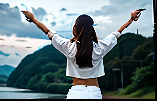 A woman with her back to the camera wearing white clothes and jeans with the image pose with landscape background general camera shot