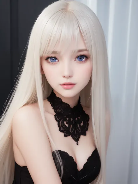 、femele、bright expression、youthful skin, Shiny, Fair and shiny、Best looking、Ultimate pretty Girl、Platinum blonde hair，Sparkling、shiny black hair,、Super long silky straight hair、Beautiful bangs that shine、crystal-clear、captivating blue eyes、Very nice and cu...