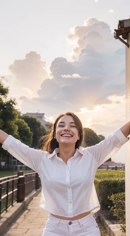 A woman with happy face and smiling in clothes with white shirt and jeans with the image pose showing a landscape general camera shot