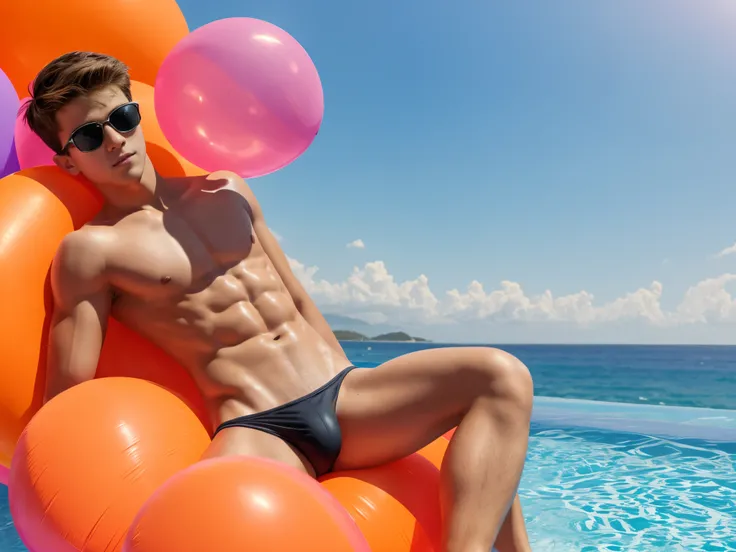 15-year-old boy, sitting on big orange balloon between legs, wearing pink speedos, shirtless, abs, thin body, hugging orange balloons, popping pink balloons, handsome, youthful, boyish, cute, black military sunglasses, photography, realistic, indoor soft l...