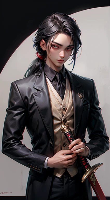 Man, 20 years old, black hair colour, long hair, hair tied, ((detailed eyes, beautiful eyes)), 170 cm tall, wear rings, holding sword on hand, red eyes colours, handsome, indonesian, ((masterpiece, best quality)), (luxurious), wearing suits