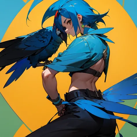 Spixs macaw as a human, brazilian human, blue hair and brown eyes,