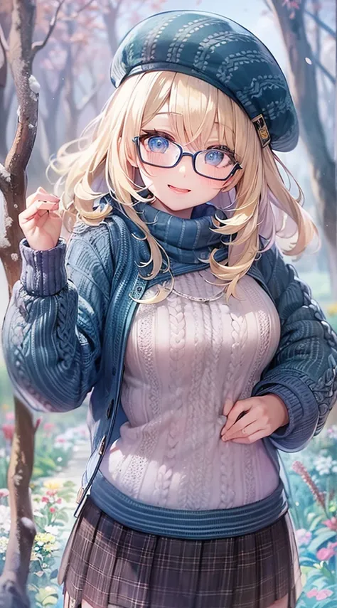 masterpiece, beautiful detailed grow, season winter, head tilt, soro blonde bob hair woman, blue eyes:1.4, glossy mouth, glasses, sexsy smile, head is blue beret, tops is blue knit sweater, bottoms is blue skirt, background Enchanted garden.