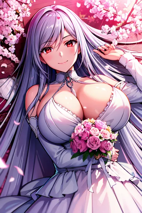 1 girl, Long silver hair, red eyes with slit pupils, large full breasts, master-piece, best quality,  proportional body, proportional, Wedding Dresses, White Wedding Dress, Long skirt, wedding, Under the cherry blossom tree background, Cherry blossom petal...