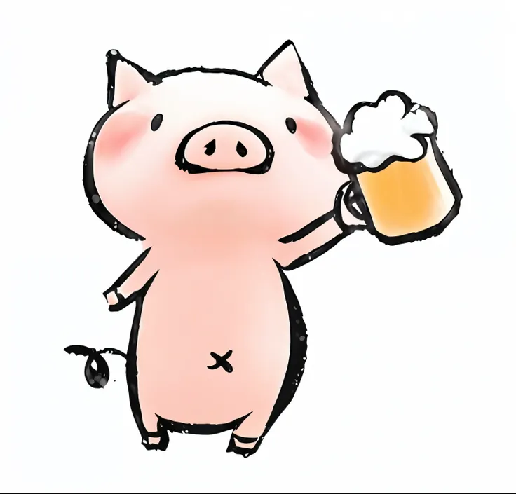 Pig holding a beer mug. Drunk and cute piglet.