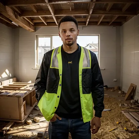 Stephen Curry wearing a construction jacket and building a house in San Francisco