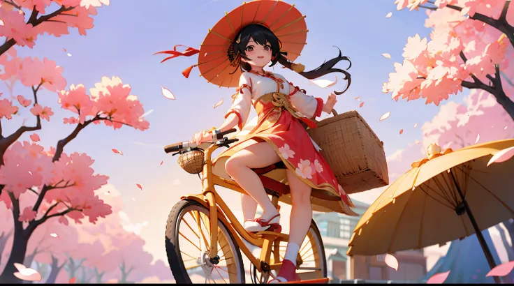 （（Couple wearing red Han Dynasty costumes，a bicycle with a basket，There are flowers in the basket）），（Ride on the bustling streets of Tang Dynasty），and the sun was shining brightly，Pink petals are floating in the sky，电影灯光，hyper HD，tmasterpiece，textureskin，A...