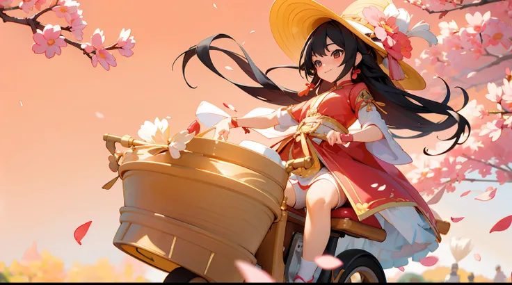 （（Couple wearing red Han Dynasty costumes，a bicycle with a basket，There are flowers in the basket）），（Ride on the bustling streets of Tang Dynasty），and the sun was shining brightly，Pink petals are floating in the sky，电影灯光，hyper HD，tmasterpiece，textureskin，A...