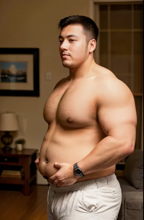 A chubby gentleman with a strong body on his chest., Show his belly, beard, Side View, wearing, in the living room